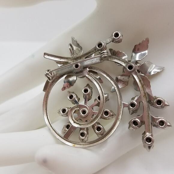 Vintage Blue Clear Glass Rhinestone Floral Brooch & Pendant, Riveted, 2 Inches - Picture 3 of 10